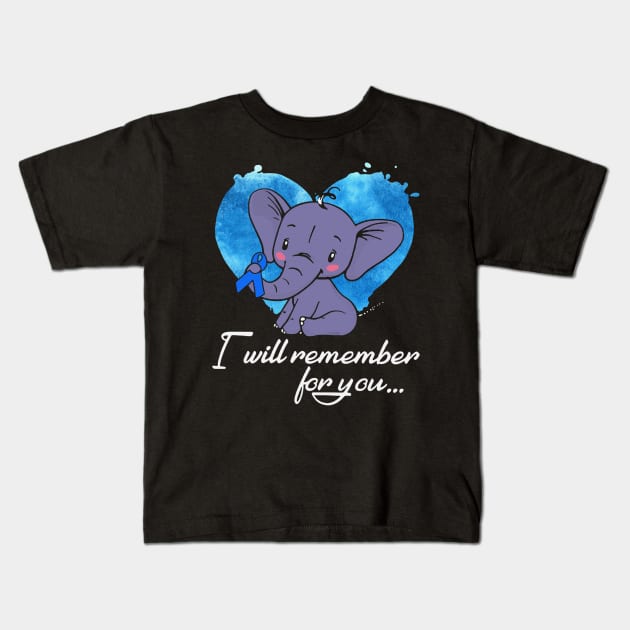 I Will Remember For You Elephant Chronic Fatigue Syndrome Awareness Blue Ribbon Warrior Kids T-Shirt by celsaclaudio506